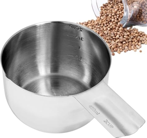 Stainless Steel Measuring Cup - 2 Cup Scoops | 480 ml Measuring Cup Stainless Steel Large Capacity | Kitchen Measuring Cup Jug with Marking Scales for Baking, Cooking, Feeding Pets