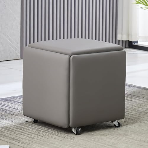 Sgabello ottomano 5 in 1 a forma di cubo, impilabile, in pelle PU, con ruote girevoli, poggiapiedi mobile e sedia da toeletta, per soggiorno e sala da pranzo, 27 x 35 x 35 x 38 cm