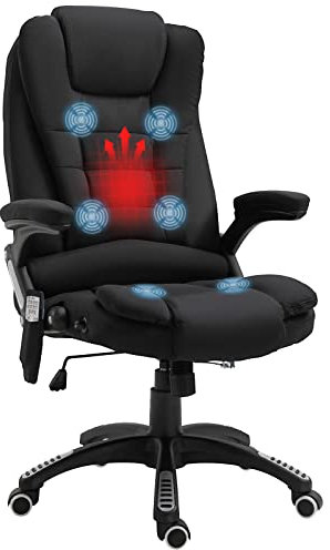 Vinsetto Bürostuhl mit Vibrationsmassage, Ergonomisch Schreibtischstuhl mit Heiz-, Liegefunktion, Höhenverstellbar Chefsessel mit Fernbedienung, Seitentasche, Leinenoptik, Schwarz