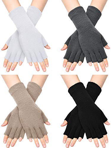 SATINIOR 4 Pairs Winter Fingerless Gloves for Women Half Finger Typing Gloves with Long Wrist Cuff Knit Fingerless Mittens for Women (Black,White,Dark Grey,Light Tan)