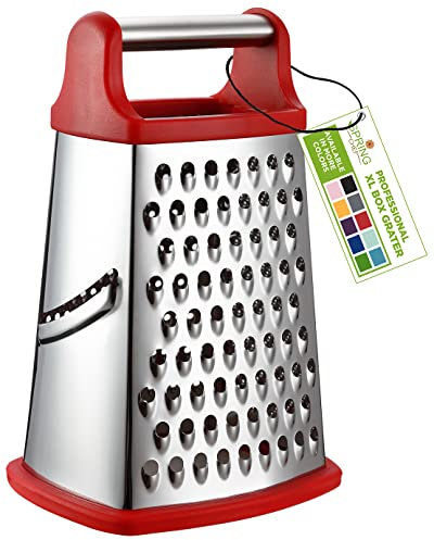 Spring Chef Professional Cheese Grater - Stainless Steel 4 Sided Box Grater for Kitchen, XL Size - Perfect Shredder for Parmesan Cheese, Carrot, Potato, Ginger - Dishwasher Safe - Red