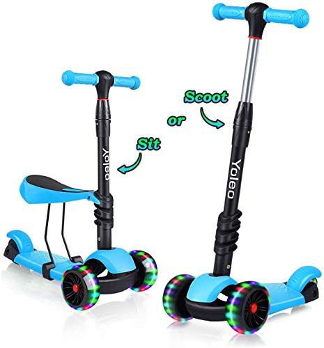 YOLEO Patinete para Niños 3-en-1, Scooter 3 Ruedas LED Parpadeantes, Scooter para Niños con Manillar Ajustable Asiento Extraíble de 2 a 8 años, Carga Máxima de 50 kg (Azul)