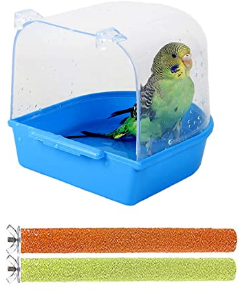 PINVNBY Parrot Bath Box Bird Bathtub Parakeet Bathing Tube with Bird Perches Stand Paw Grinding Cage Accessories Ideal for Small Birds Lovebirds Canary Finches(3 PCS Random Color)