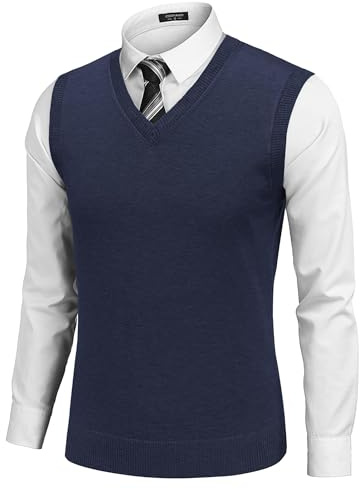 COOFANDY Men's Sleeveless Sweater Vest Lightweight V-Neck Solid Cotton Vest Pullover,Navy Blue,Large