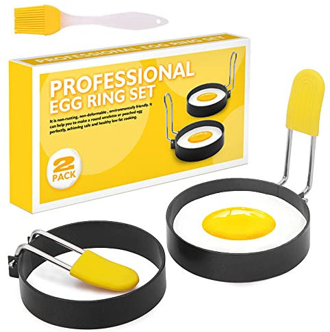 CRITIVE-S Egg Rings Non Stick Frying 2 Pieces and Silicone Brush 1pieces - Stainless Steel Poached Egg Moulds with Handle