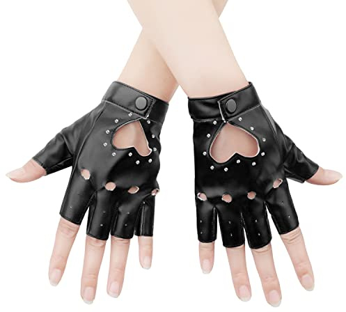 KINBOM Guantes Punk Sin Dedos de Cuero con Diamantes de Imitación para Halloween, Cosplay y Rendimiento - Elegantes para Mujeres y Niñas (Negro)