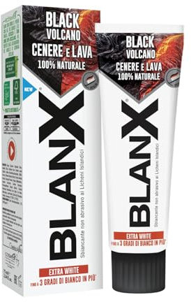 BlanX, Dentifricio Black Volcano, Dentifricio Sbiancante Extra White, Fino a 3 Gradi di Bianco in Più, Con Licheni Islandici, Cenere e Lava Vulcanica 100% Naturali, Aroma Extra Fresco, 75ml