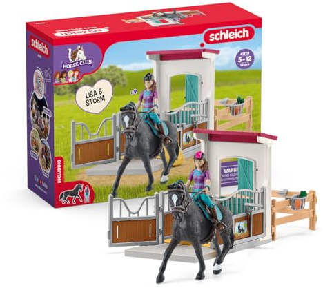 Schleich Horse Club - 25 PC Lisa and Storm Horse Toy Stall Playset with Accessories - Customizable Stable Name Tag - Realistic, Posable Rider and Pony Toys for Girls and Boys - Kids Ages 5+ - 42709