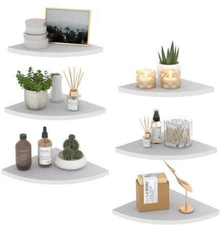 HORLIMER 6er Set Eckregal Wandregal Holz, Kleines Fächerförmigen Eckwandregale für Bad, Wohnzimmer, Küche, Kinderzimmer oder Schlafzimmer(Weiß)