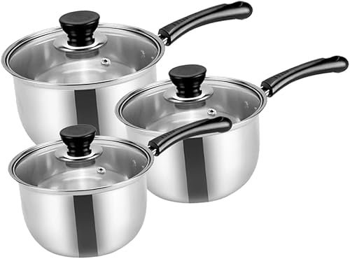 3 Pack Stainless Steel Pans Set, Induction Pot and Pan Set with Glass Lids, Includes 16cm, 18cm & 20cm Saucepans, Cookware Set Compatible with Induction, Gas and Electric Hobs