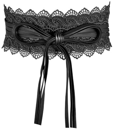 MILAKOO Spets med läder obi bälte kvinnor spets midjebälte fluga wrap rosett cinch brett bälte för klänning, Svart tasselrem, 237cm/93.3 inches (M)