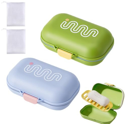 2 Boîte à Savon de Voyage, 11,5x7,5x4,8cm Boite savons Étanche avec Couvercle Scellé, 2 Filet Moussant, Portable Anti-Fuite Porte Savon pour Maison, Salle de Bain, Randonnée, Camping