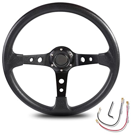 LUOKEKE Steering Wheel 350mm Racing Steering Wheel Universal Drifting Deep Dish Sports Steering Wheel 6 Bolts Grip Vinyl Leather With Horn Button Car Steering Wheel(Black)