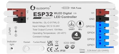 ESP32 WLED RGB IC LED Strip Controller 4 Channel Outputs 15A Fuse Mic Sound Dynamic Lights USB-C UART DIY Energy Saving Relay Level Shifter IC for Digital WS2811 WS2812 WS2815 SK6812 etc