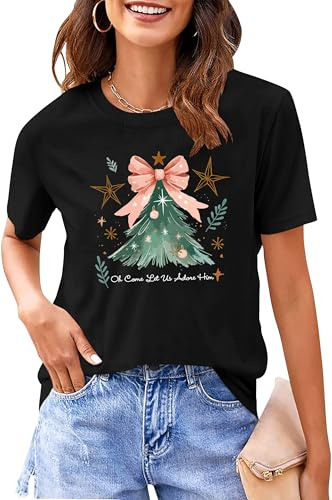 VVNTY Christmas T Shirts Women Christmas Tree T-Shirt Ladies Funny Xmas Short Sleeve Tops (Black1,M)