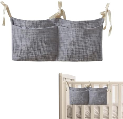 Borsa Appendere per Lettino, Borsa Portaoggetti Letto, Organizer per Cameretta dei Bambini, 2 Tasche, Tasche Portaoggetti Letto, per Letto Usato per Riporre Vestiti Pannolini Giocattoli (Grigio)