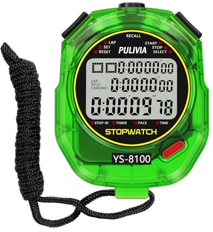 PULIVIA Stopwatch Sports Minuterie 100 Laps/Splits Digital Stop Watch avec Compte à Rebours et Minuterie D'alarme Calendrier Grand écran pour Entraîneurs, Course à Pied, Entraînement Sportif, Vert