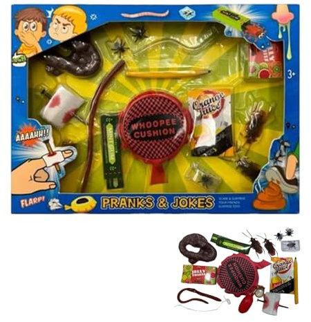Kits De Bromas para Niños, Juego Clásico De 15 Piezas con Cojín De Pedos Y Cucarachas Falsas, Regalo Duradero Y para El Día De Los Inocentes, Bromas Prácticas para Hombres Amigos Niños