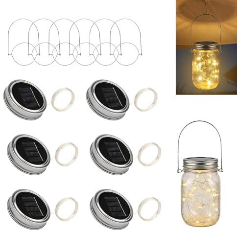 6 unidades 3 m 30 LED blanco cálido cristal solar tapa cadena de luces para vasos, lámparas solares, farolillos exteriores impermeables para tarros de Mason Jar colgantes, farolillos de luz, jardín