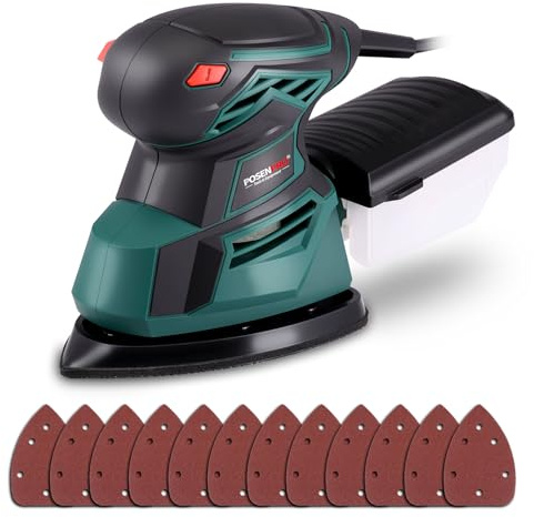 POSENPRO Levigatrice di Precisione Elettrica 130W, Levigatrice per Legno Multifunzione Levigatrice Mouse Elettrica 13500 RPM, 12PCS Carte Abrasive, per Levigare, Lucidare e Rimuovere