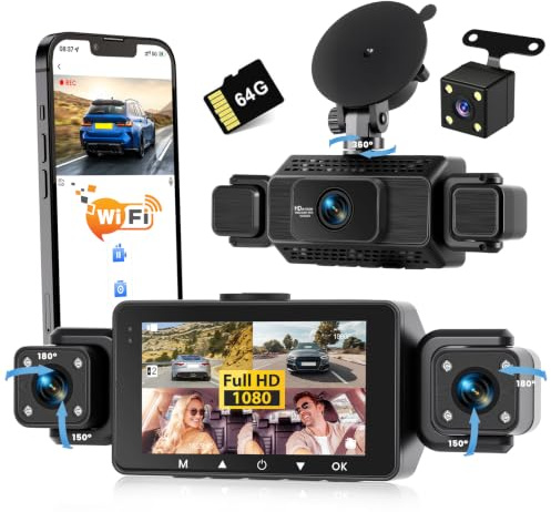 Realdio Dash Cam Auto 360 Gradi, 4 kanaler WiFi Bilkamera | 3 tum IPS med 64G SD-kort, 24H parkeringsskärm, loopinspelning, 150 ° vidvinkel, G-sensor, appstyrning