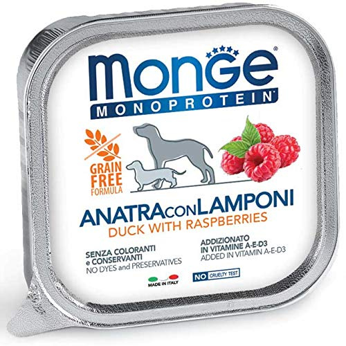 Monge Alimento Cibo Umido per Cani MONOPROTEICO Frutta Anatra LAMPONI Pate' GR.150X24