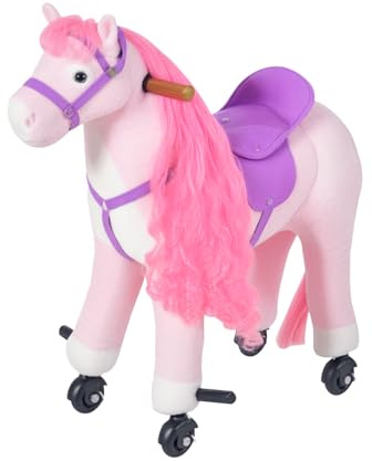 HOMCOM Plush Walking Horse Ride On Toy with Wheels and Realistic Sounds Rocking Horse for Girls Boys 2+ Years Old, 50cm Tall, Pink