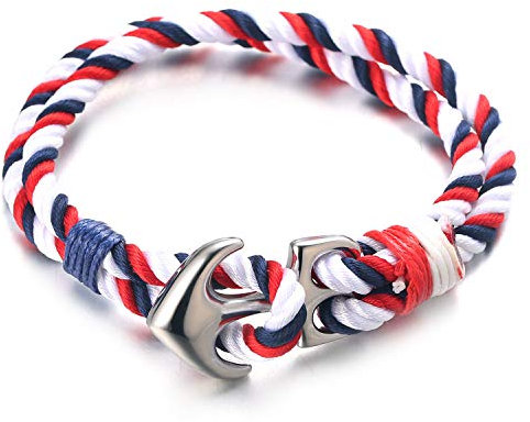 Halukakah ● Segel ● Herren-Nylon-Seilkordelarmband Mehrfarbige Rote Weiße und Blaue Farbe Handgefertigter Silberner Ankerverschluss 8.26(21cm) mit KOSTENLOSE Geschenkbox