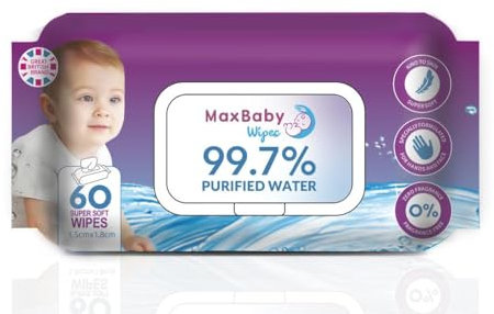 MAX Baby Wipes 99.7% Purified Water Box Of 12 Packs (720 purified wipes) NEW & IMPROVED WITH LID SEAL