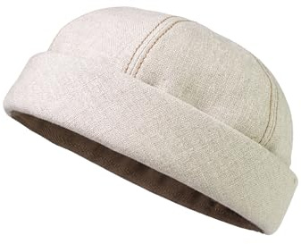 fiebig Bonnet de Docker en Toile de Lin à Bord roulé | Chapeau de Docker avec Coutures contrastées | Casquette de pêcheur Courte avec Doublure en Coton (57-M, Beige)