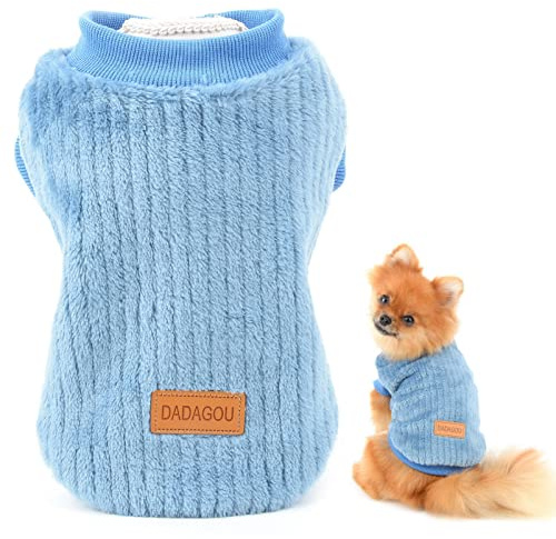 SMALLLEE_LUCKY_STORE Ribbed Fleece Jumper for Small Dogs, Blue, XXL | Soft Cosy Fleece, Pullover Fit, Ribbing Trim, Autumn Winter, Bedtime, Chihuahua, Yorkie, Small Breed, Warm Puppy Jumper Vest