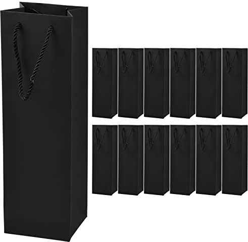 Catime 12 Stück Kraftpapier Wein Taschen, Champagner Geschenktüten Weinflaschen Verpackung mit Seilgriffen, Einzelne Weintragetasche Flaschentüten Weintasche für Weihnachten Partys Jubiläum (Schwarz)