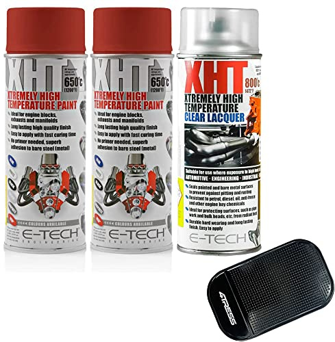 4TRESS E TECH 2 x 400ml Extremely High Temperature Red Spray Paint Brake Caliper Engine Block 300°C, 1 x Extremely High Temperature Cleat Coat Lacquer Spray Paint Non Slip Car Dash Mat