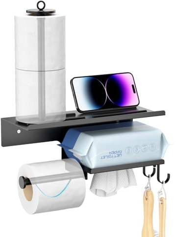 CLESOO Toilet Paper Holder with Phone Shelf, 4 in 1 Wall Mounted Toilet Roll Holder with Large Storage & 2 Hooks, Fit Mega Large Roll Size of Toilet Paper Dispenser for Bathroom Toilet Washroom