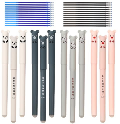 WUFANC Radierbare Stifte Set - 12 Stück Radierbarer Kugelschreiber + 24 Stück Minen - 0,5 mm Erasable Pen - Radierbarer Tintenroller für Studenten, Lehrer (36er Set)