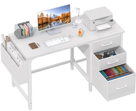 Lufeiya Schreibtisch weiß Kleiner Schreibtisch Mit 4 Schubladen,PC Tisch Gaming Tisch mit Stauraum Bag für Büro Schlafzimmer 120x50x75cm