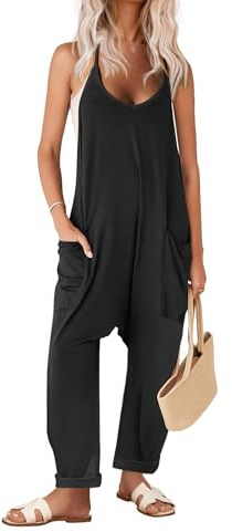 Ekouaer Womens Jumpsuit Sleeveless Casual Summer Overalls Jumpers Spaghetti Strap Baggy Long Pants Rompers with Pockets Black M