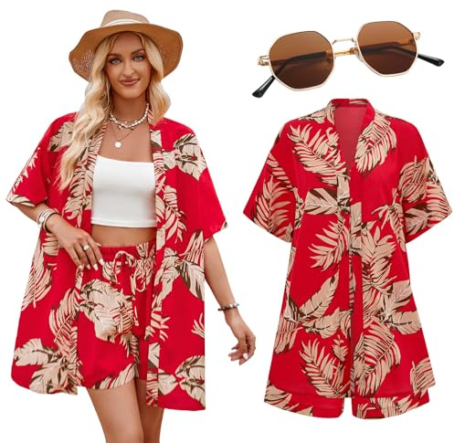 HarnyLoom Chemise Hawaïenne Femme Shirt Chemise Manche Courte A Fleur Plage Tropicales Eté Aloha Chemisette Pantalon Lunettes de Soleil Costume Fête