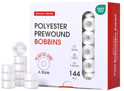 Richword Selected Bobines pré-enroulées, 144 pièces, Taille A (Classe 15 / SA156), Fil de canette en Polyester 75D, Embouts Plastiques, pour Machines à Broder et à Coudre à Une Aiguille, Blanc