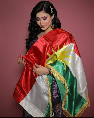 HaniHani® Drapeau du Kurdistan 150 x 90 cm avec soleil doré et franges - Symbole de liberté, d'unité et de fierté - Biji Kurdistan
