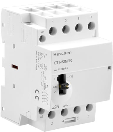 Heschen modulär hushålls-AC-skydd, CT1-32M/40, 32A, 4-poler, 4NO, fyra normalt öppna; 220 VAC spolar, 35 mm DIN-skenmontering, med manuell kontrollbrytare