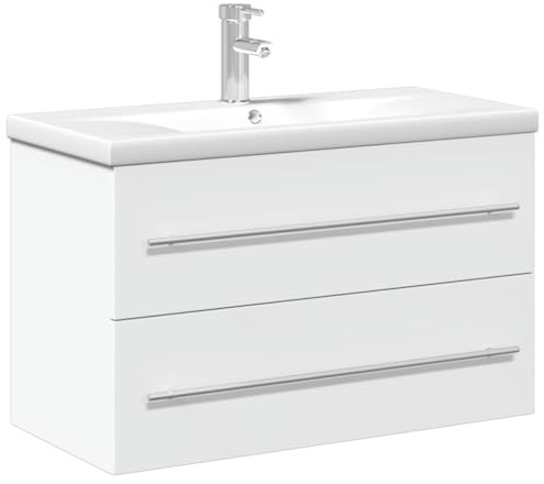 vidaXL Sink Cabinet with Built-in Basin, Sink Cabinet with Lots of Storage Space, Washbasin Wall Mounted with Overflow, Bathroom Furniture, White