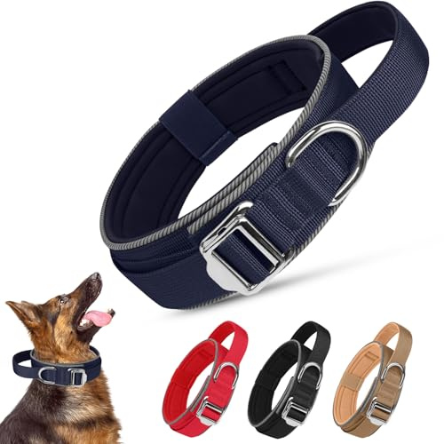 Ledeak Taktiskt hundhalsband, mjukt devadderat andningsbart hundhalsband, justerbart nylonreflekterande hundhalsband med bärbart metallspänne för medelstora stora hundar (marinblå, M)