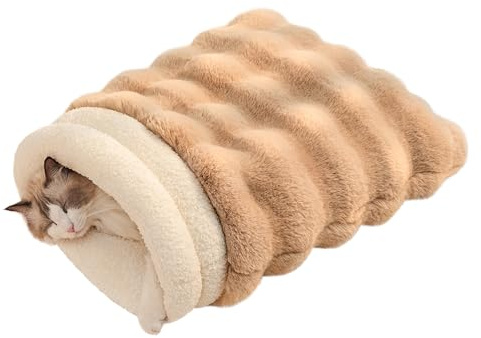 SOMAHE Cat Sleeping Bag for Indoor Cats, Faux Fur Pet Cave Bed & Burrow Nest, Reversible Plush Snuggle Sack, Portable Foldable Mat, Machine Washable, Anti-Static, 21.7x17.7 Coffee