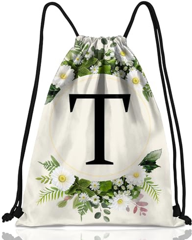 Zewurtuw Initial Letter Drawstring Backpack String Sports Gym Bags Waterproof Sackpack Cute for Men Women Beach (13×17) (Letter-T)