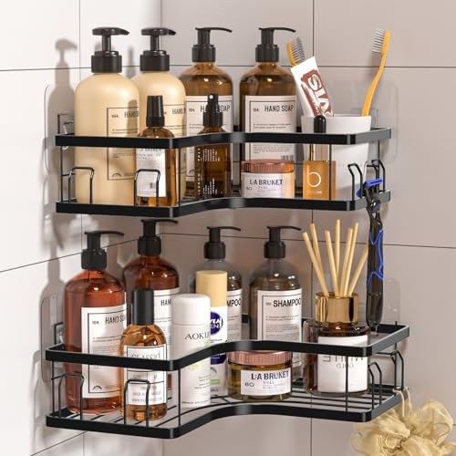 Mensola Doccia senza Foratura, Mensole Bagno 2 Pezzi 304 Acciaio Inoxcon 8 Ganci 6 Adesivi Mensola Doccia Angolare Organizzatore