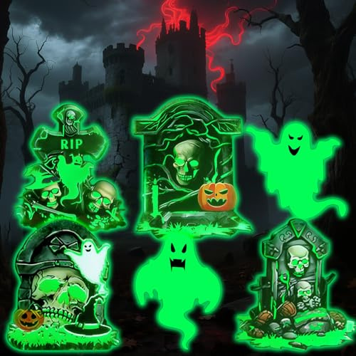 Glow in the Dark Halloween Tombstone Decorations Outdoor – 6PCS Scary Graveyard Signs for Lawn Garden, Waterproof Headstone Props for Halloween Outdoor Decorations Yard Party
