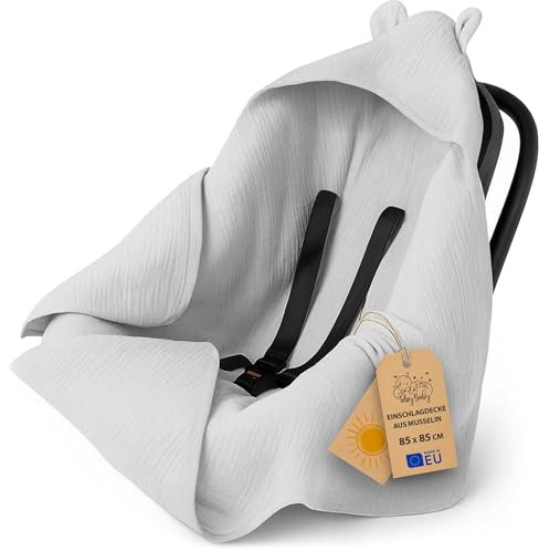Muslin babyfilt – lätt andningsbar åkpåse bilbarnstol med huva för sommaren – temperaturreglerande för barnvagn och nyfödd babyutstyrsel present 90×90 cm Grå Oeko-Tex