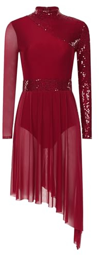 Yruioon Robe De Patinage Artistique pour Femmes Robe De Ballet Scintillante À Manches Longues Pailletée Danse Lyrique avec Jupe Asymétrique Tenue Danse Bourgogne S