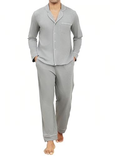 Reliwel Men's Cotton Pyjamas Set Long Sleeve Button Down Shirt with Chest Pocket and Straight Leg Pants - Elasticated Waistband - Classic Loungewear,Grey,L